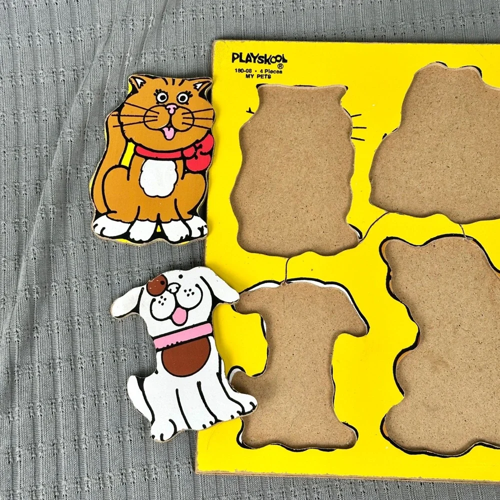 Vintage My Pets Wooden Peg Puzzle 4 Pieces Cat Dog Rabbit Puppy Made in USA